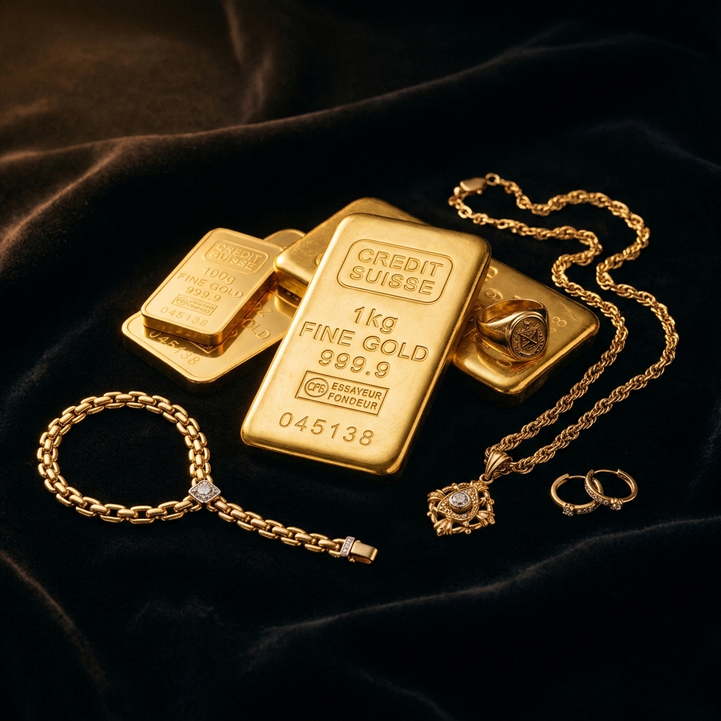 Goldbarren und feiner Goldschmuck auf dunklem Samt